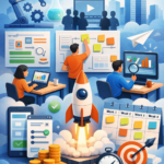 Startup product development and growth strategy illustration showing team collaboration, rocket launch, analytics dashboard, roadmap planning, automation, and revenue growth.