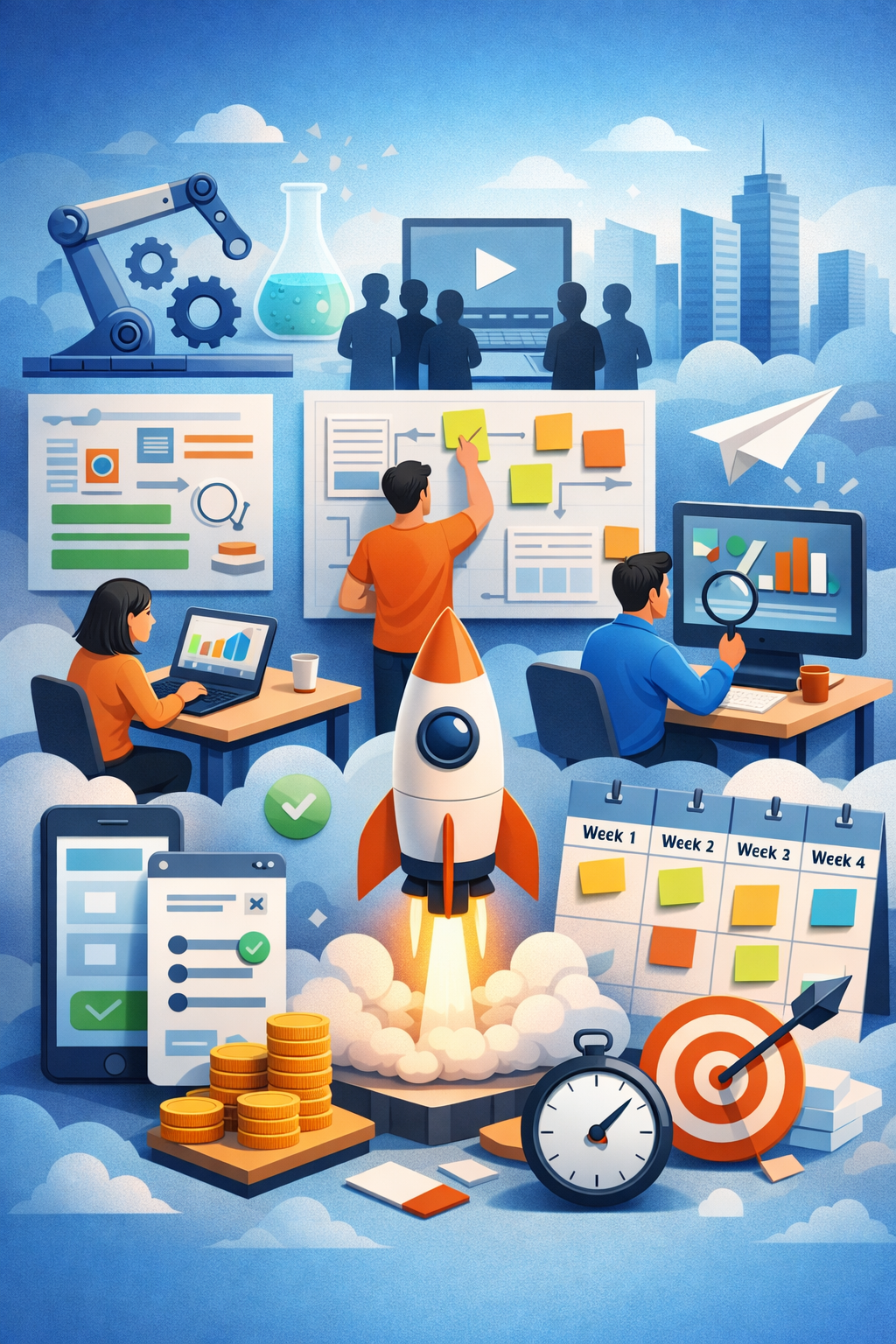 From product planning to launch and scaling — roadmap execution, analytics tracking, automation, and revenue growth drive startup success.