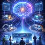 Futuristic visualization of enterprise predictive analytics showing AI systems analyzing data to automate business decisions across supply chain, CRM, and operations