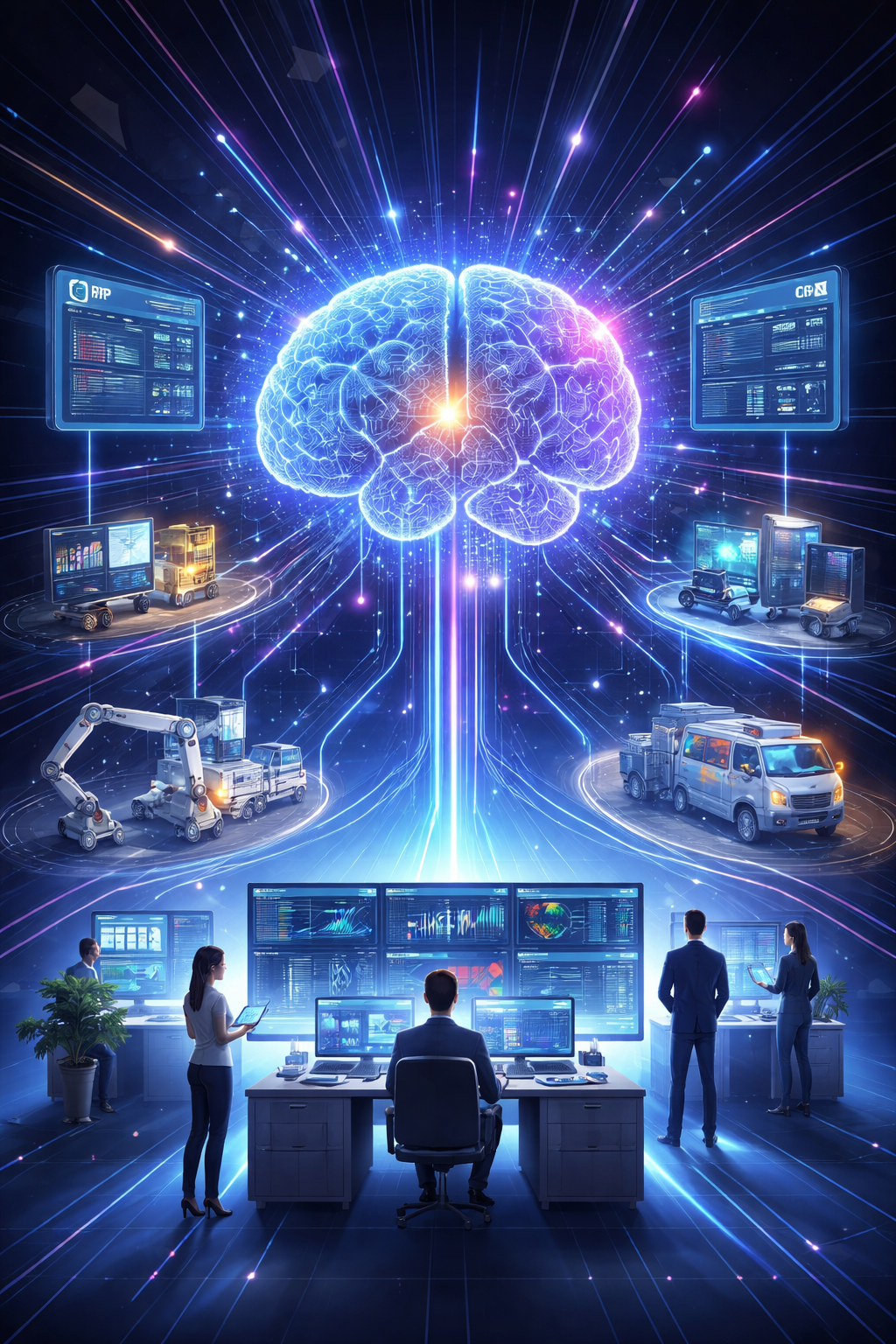 Illustration of predictive analytics integrated with enterprise systems to automate real-time business decisions across operations, supply chain, and customer management.