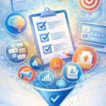 Illustration of MVP development strategy with checklist, marketing icons, analytics charts, target board, and funnel concept representing product validation and growth.