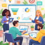 An illustration of four diverse startup colleagues in a bright office analyzing data on a large screen and digital devices. The scene includes business metrics like charts and graphs, with floating icons representing ideas and targets, conveying teamwork and data-driven success.
