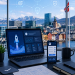 A modern workspace with a laptop showing a rocket launch icon, a smartphone, and UI wireframes on a desk against a city background with digital icons for software development and growth.