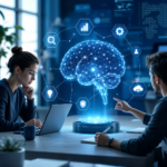 Futuristic AI startup team collaborating around a holographic digital brain interface representing AI MVP development and intelligent workflow systems.