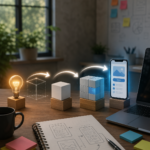 Visual representation of MVP development showing idea transformation into a functional product with UI sketches and workflow progression