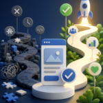 3D illustration showing a startup journey from chaos and complexity on the left to clarity and success on the right, representing MVP mistakes and product development lessons.