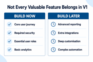Comparison of essential MVP features to build now and non-essential features to develop after launch.