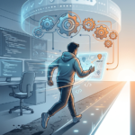 Illustrated image representing product development velocity, showing a developer figure running toward a launch target while supported by feedback loops and adaptive structure.