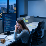 Stressed female developer debugging code on a computer in a dimly lit office at night.
