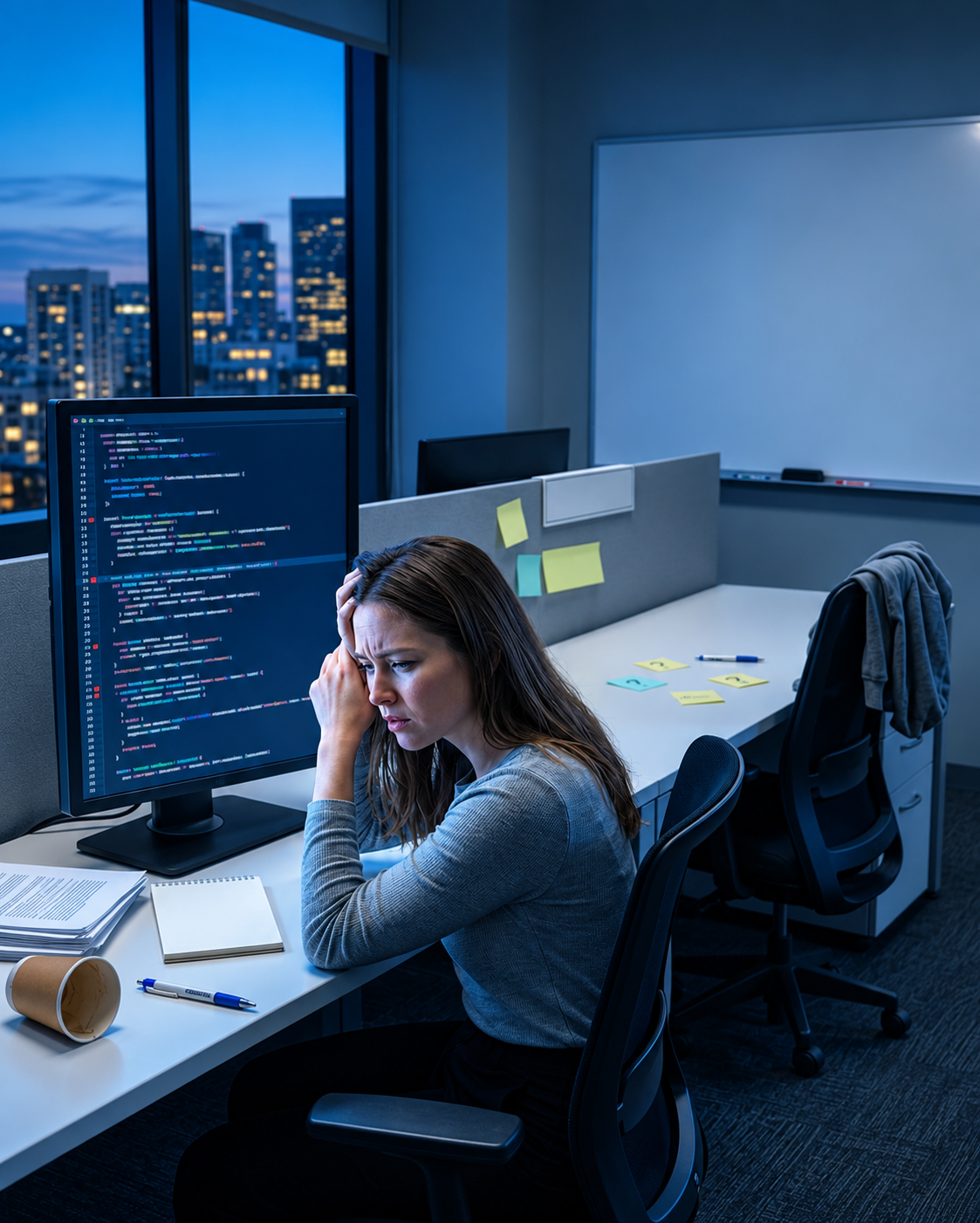 A developer works late into the night, troubleshooting code in a demanding office environment.